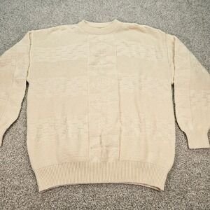 Vintage JOHN CLARENDON Mens Cream Cable Knit‎ Crew Neck Sweater XL Made in USA